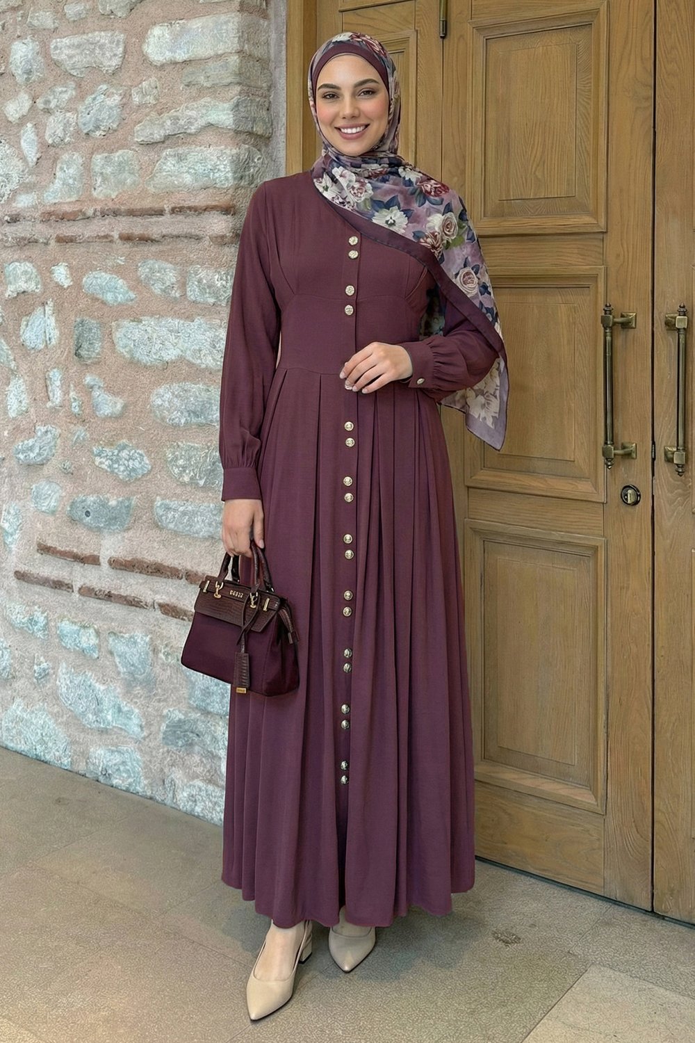 Çift Gold Düğmeli Mürdüm Elbise