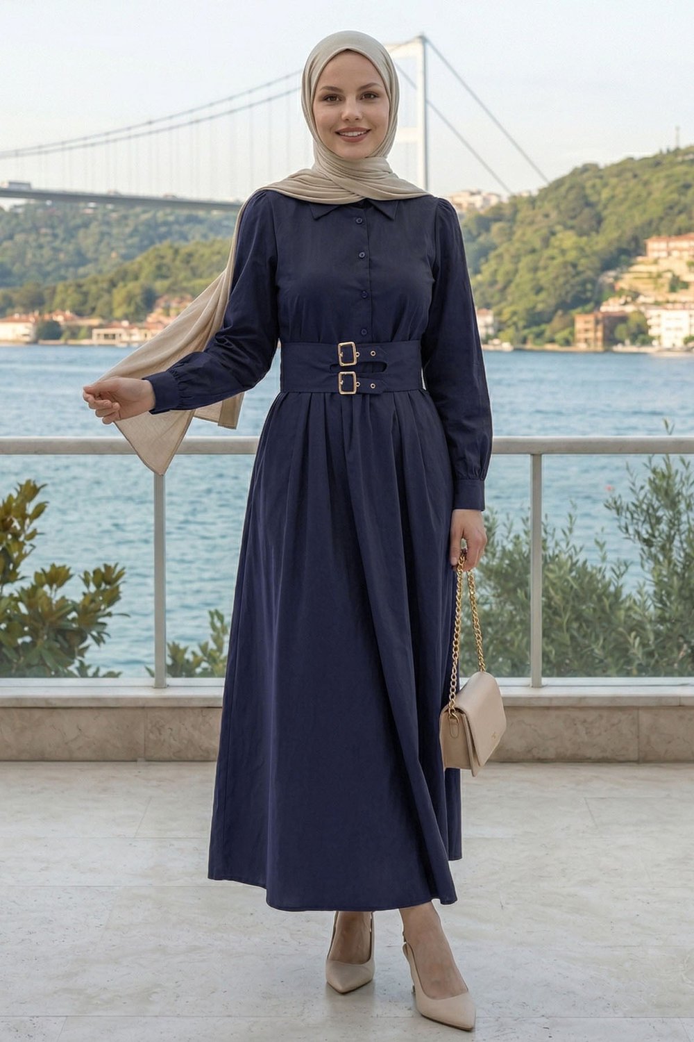 Çift Toka Kemerli Lacivert Elbise