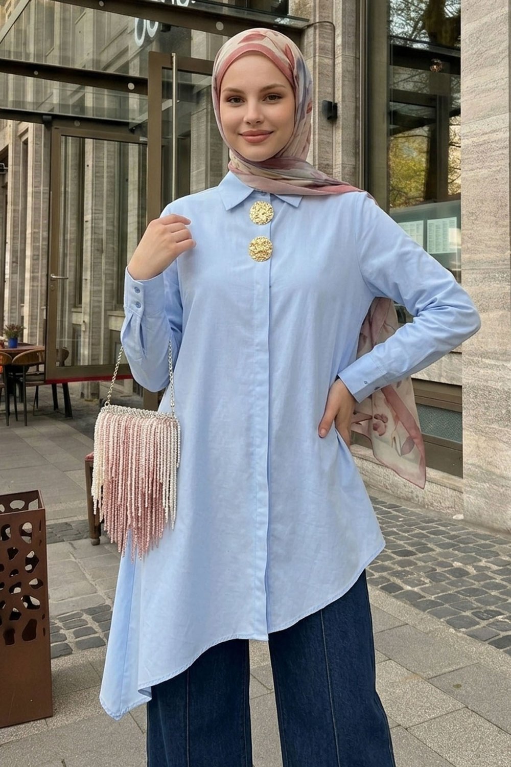 Çift Toka Patlı Bebe Mavisi Asimetrik Tunik