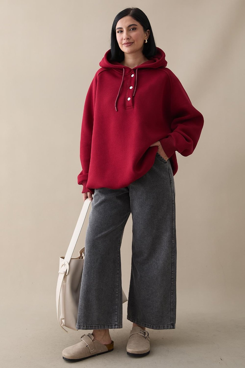 Çıtçıt Yaka Kapüşonlu Bordo Sweat