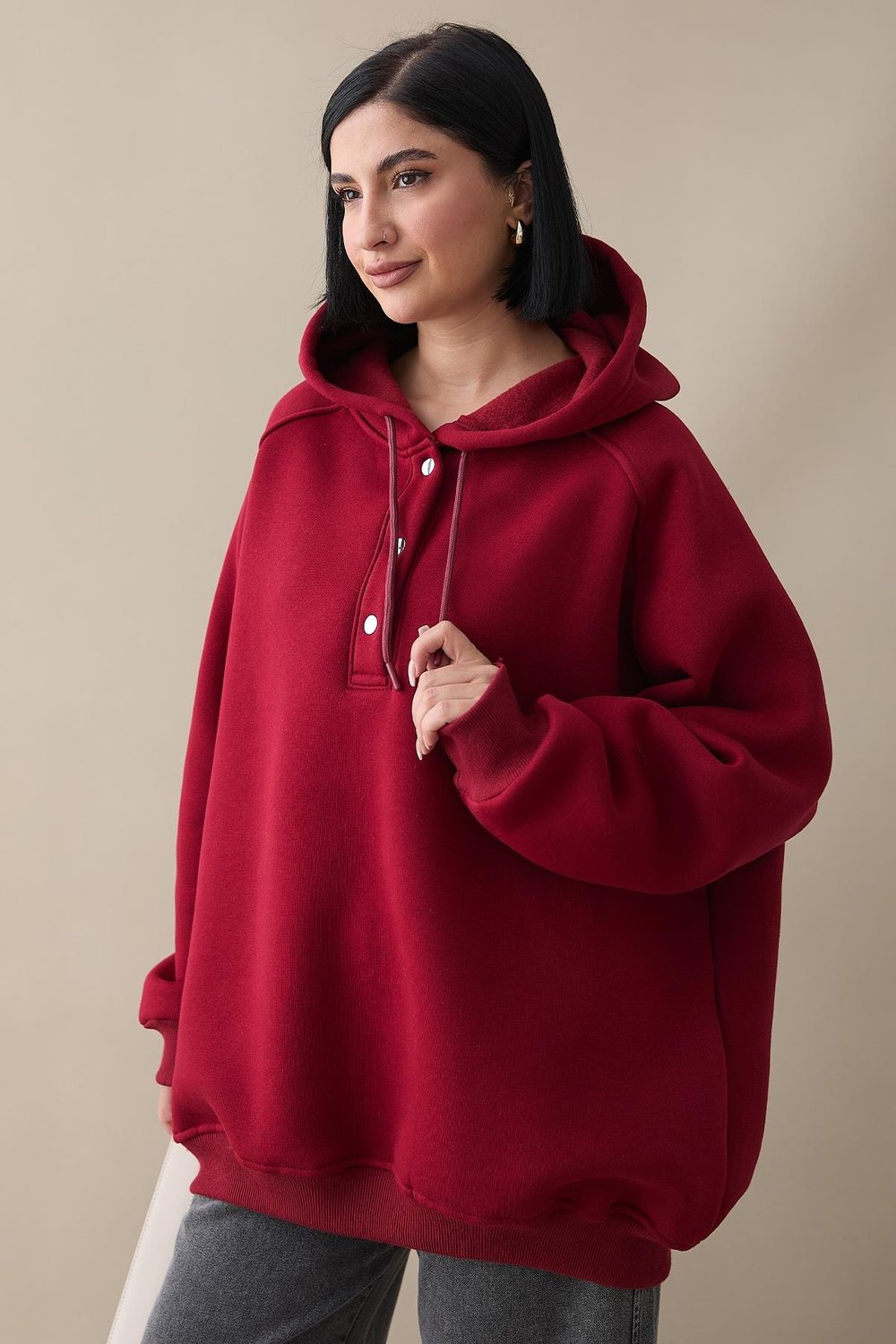 Çıtçıt Yaka Kapüşonlu Bordo Sweat