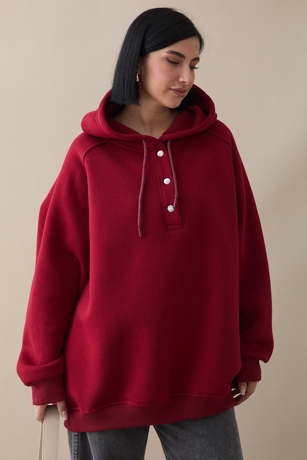 Çıtçıt Yaka Kapüşonlu Bordo Sweat