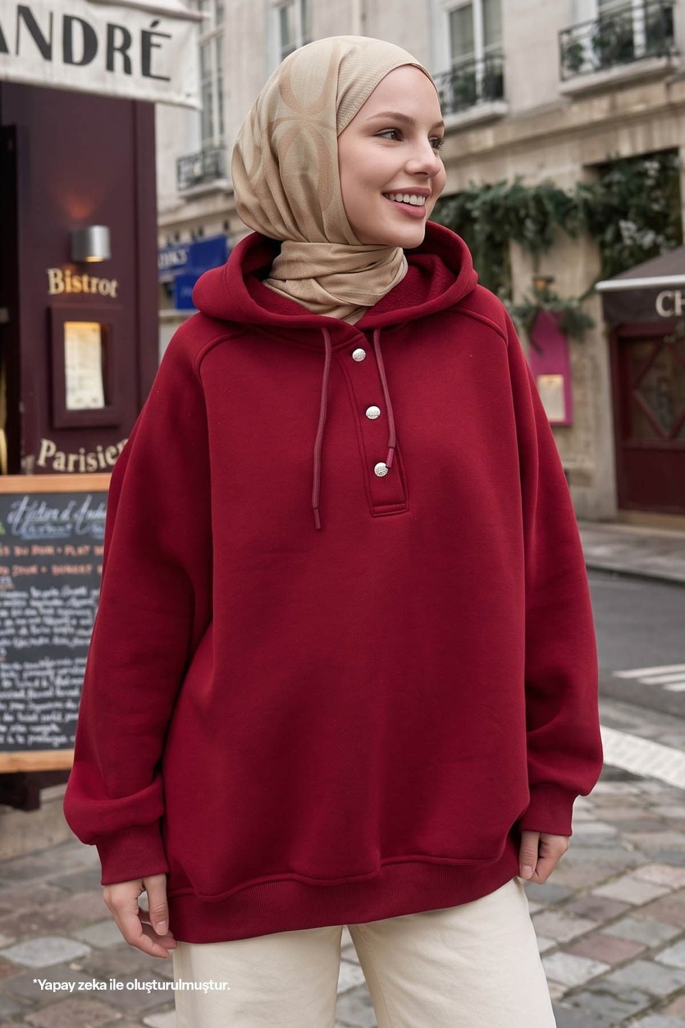 Çıtçıt Yaka Kapüşonlu Bordo Sweat