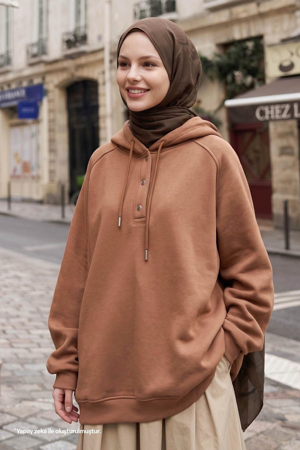 Çıtçıt Yaka Kapüşonlu Camel Sweat