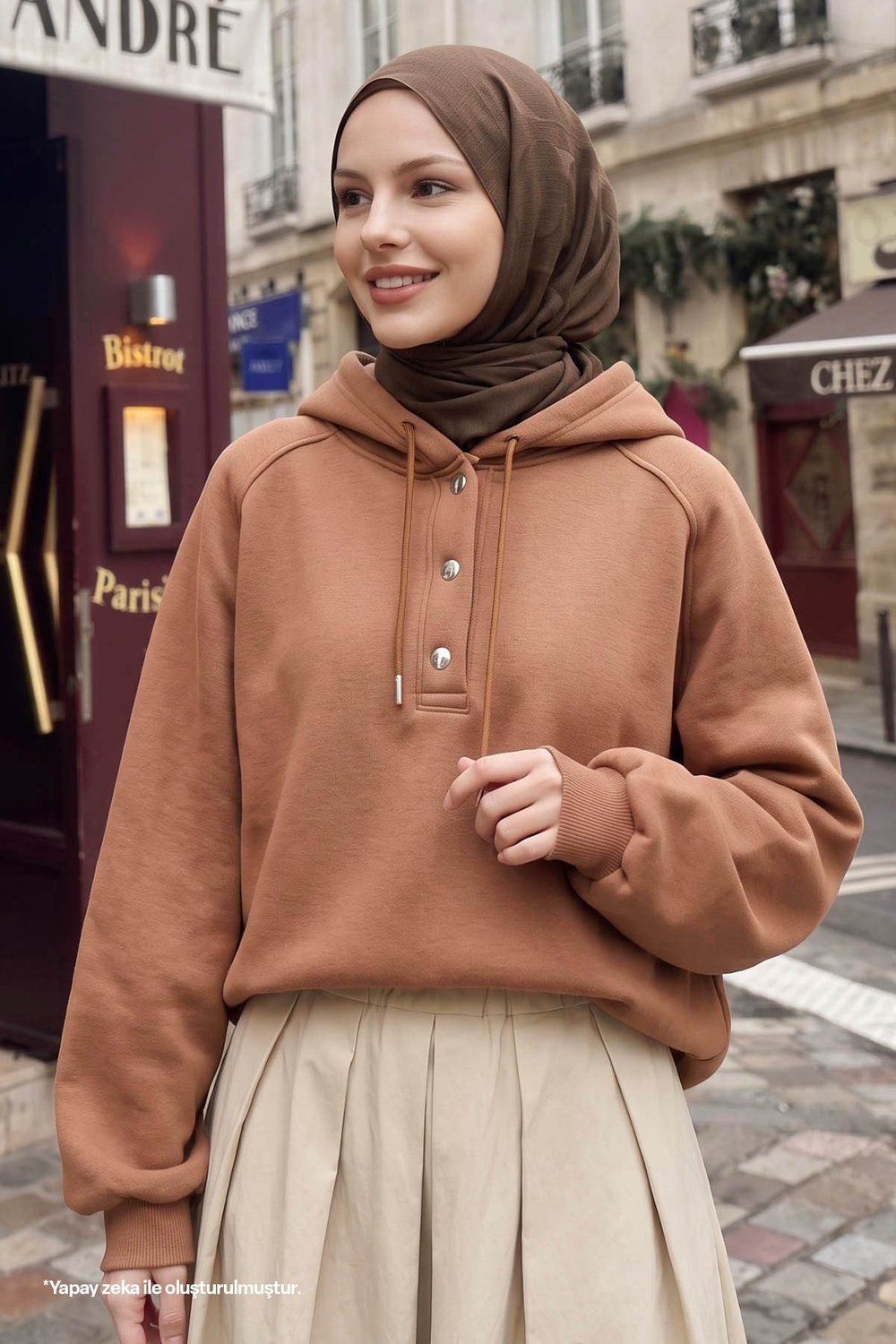 Çıtçıt Yaka Kapüşonlu Camel Sweat