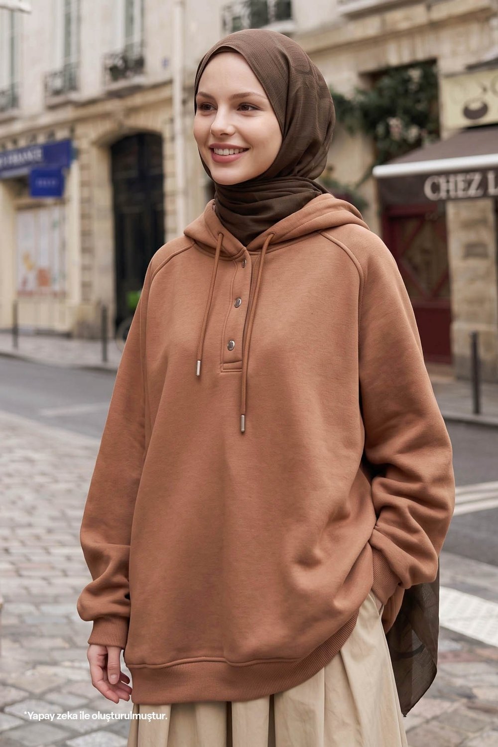 Çıtçıt Yaka Kapüşonlu Camel Sweat