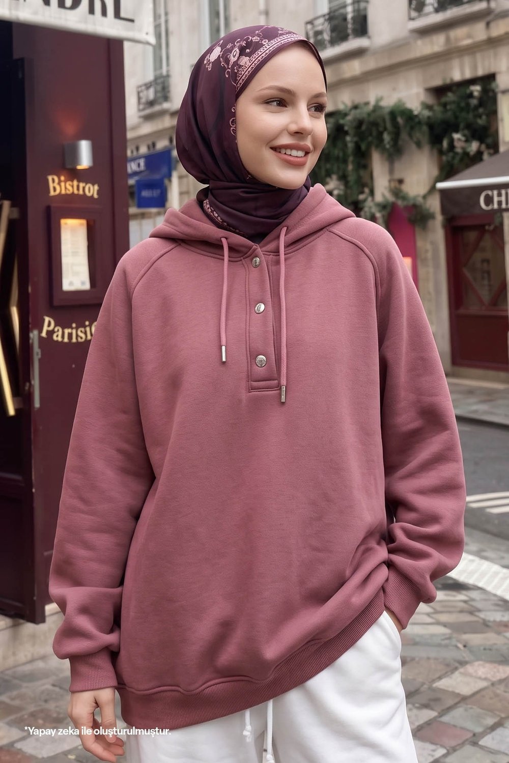 Çıtçıt Yaka Kapüşonlu Gül Kurusu Sweat