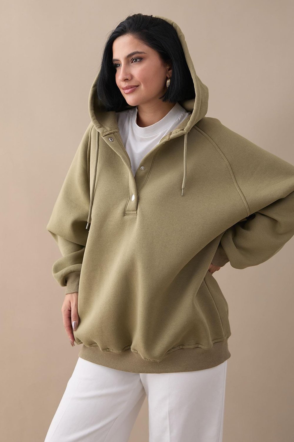 Çıtçıt Yaka Kapüşonlu Haki Sweat