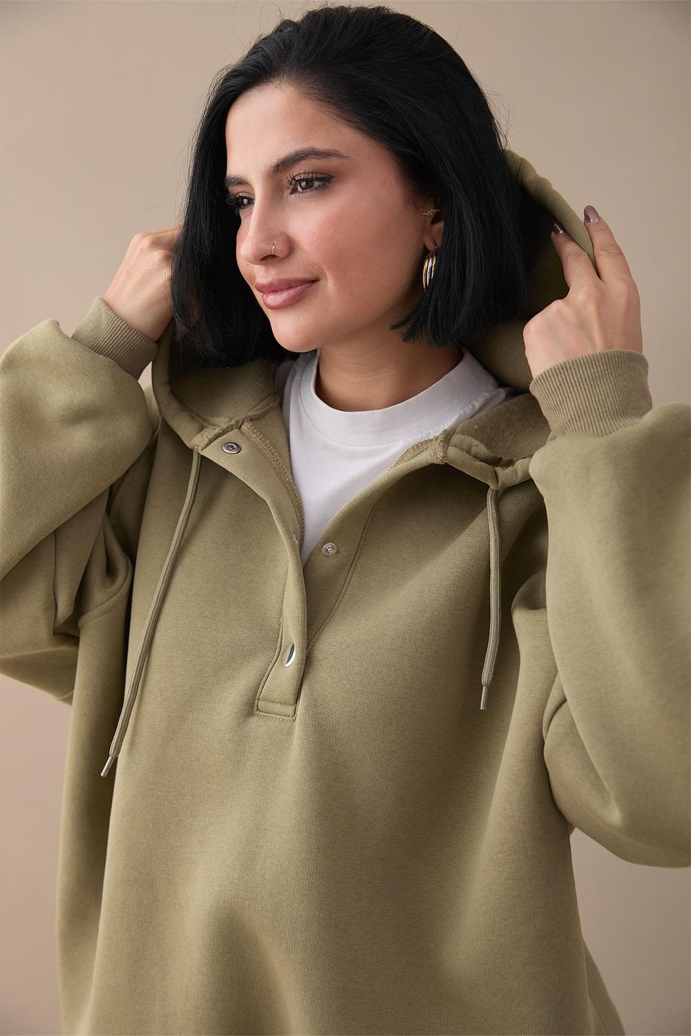 Çıtçıt Yaka Kapüşonlu Haki Sweat