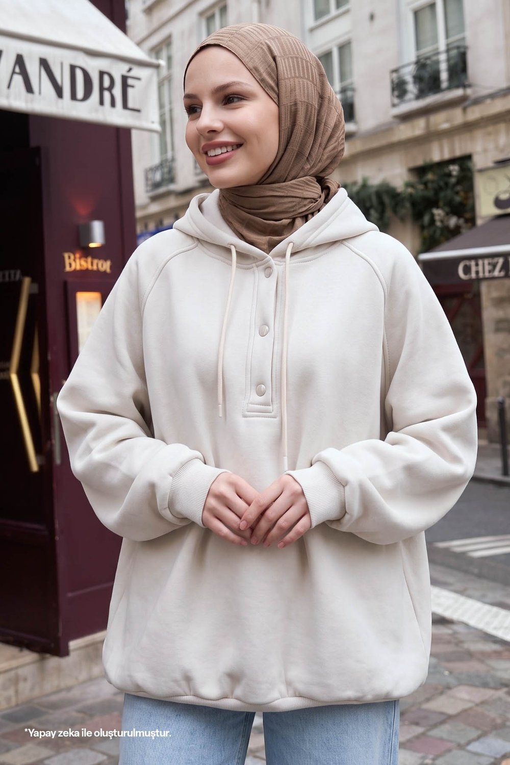 Çıtçıt Yaka Kapüşonlu Krem Sweat