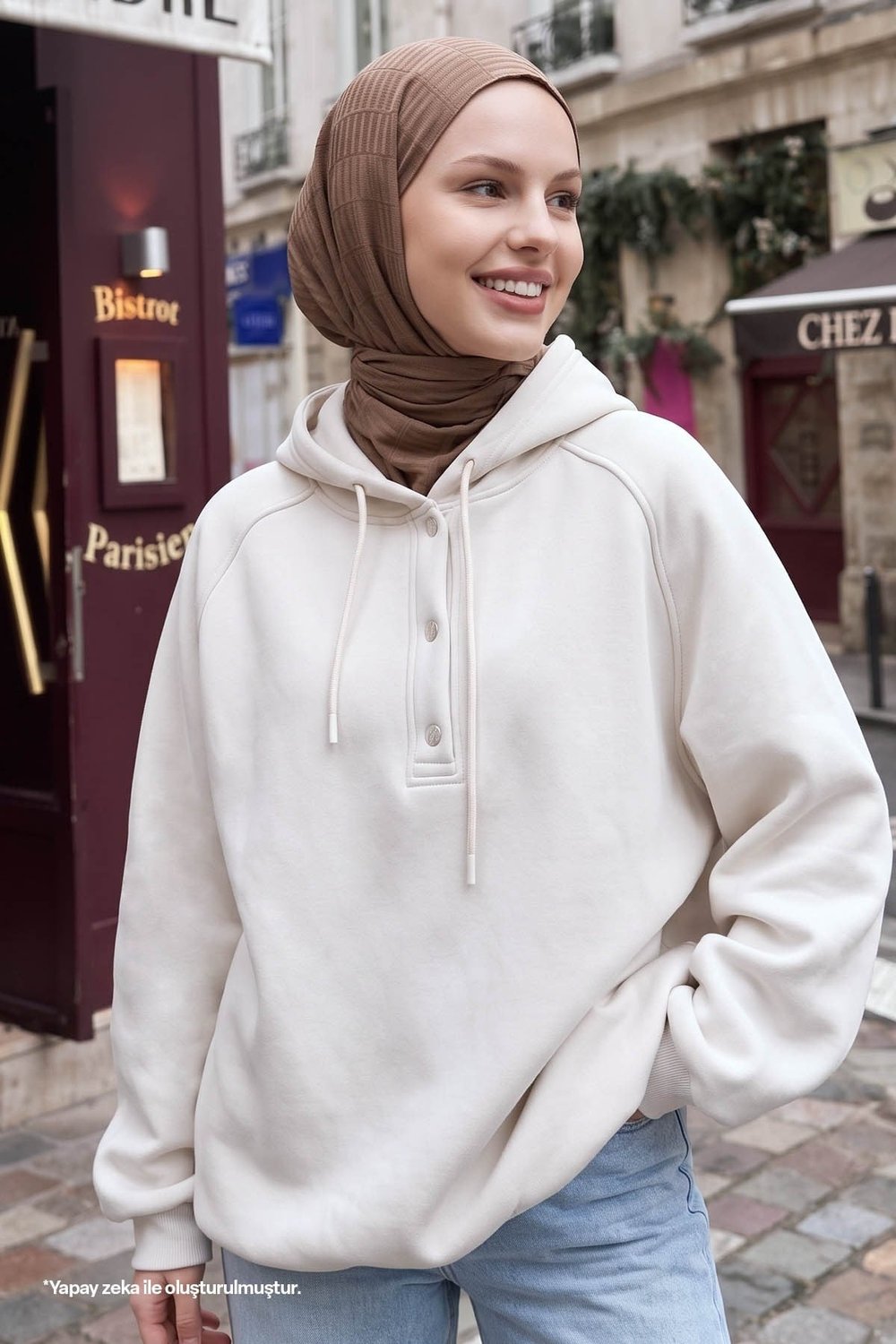 Çıtçıt Yaka Kapüşonlu Krem Sweat