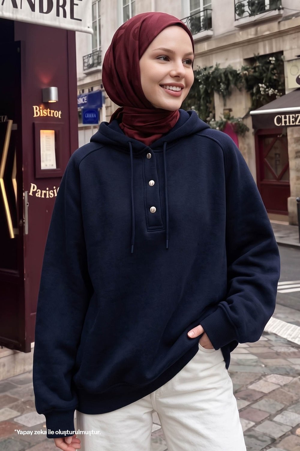 Çıtçıt Yaka Kapüşonlu Lacivert Sweat