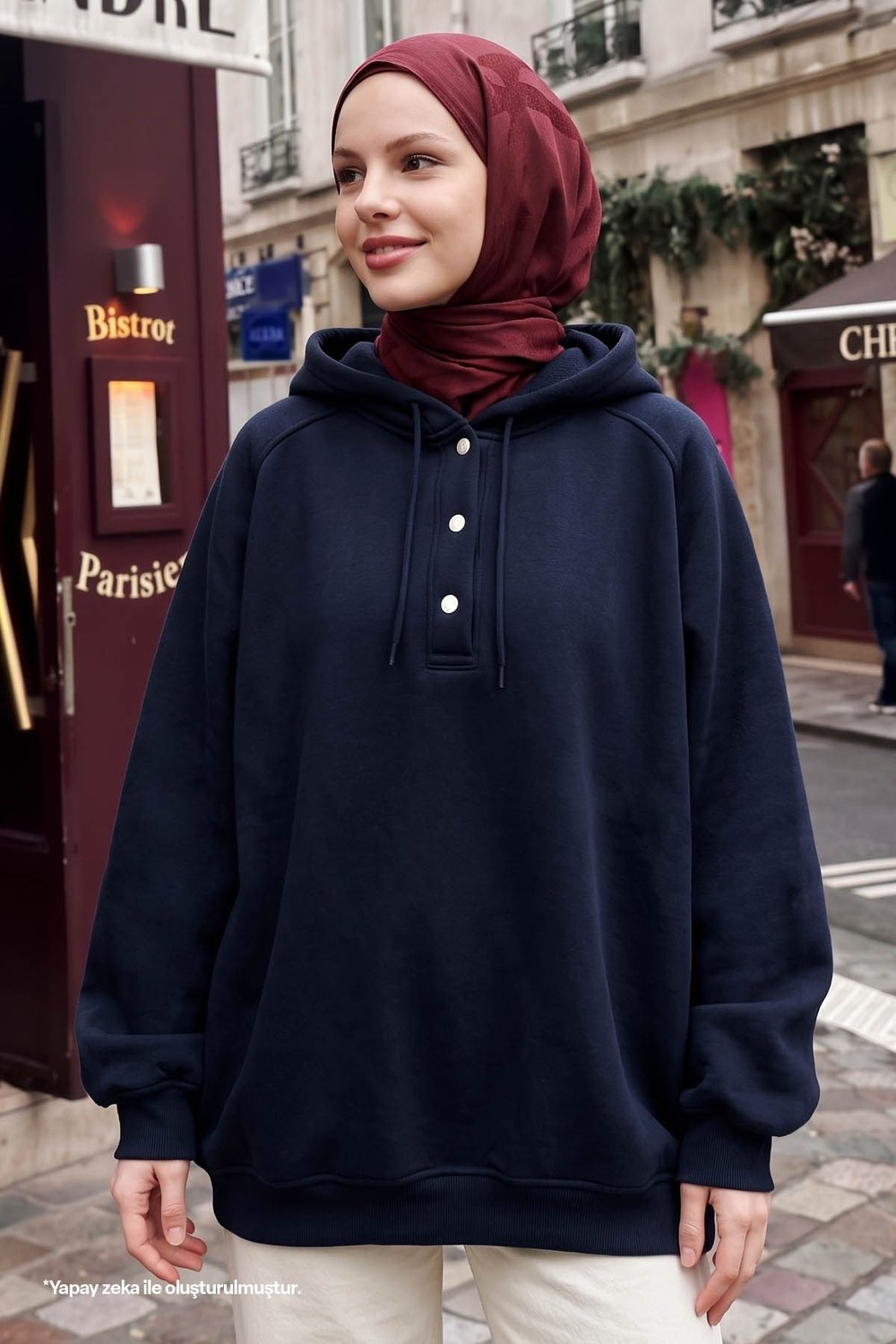 Çıtçıt Yaka Kapüşonlu Lacivert Sweat