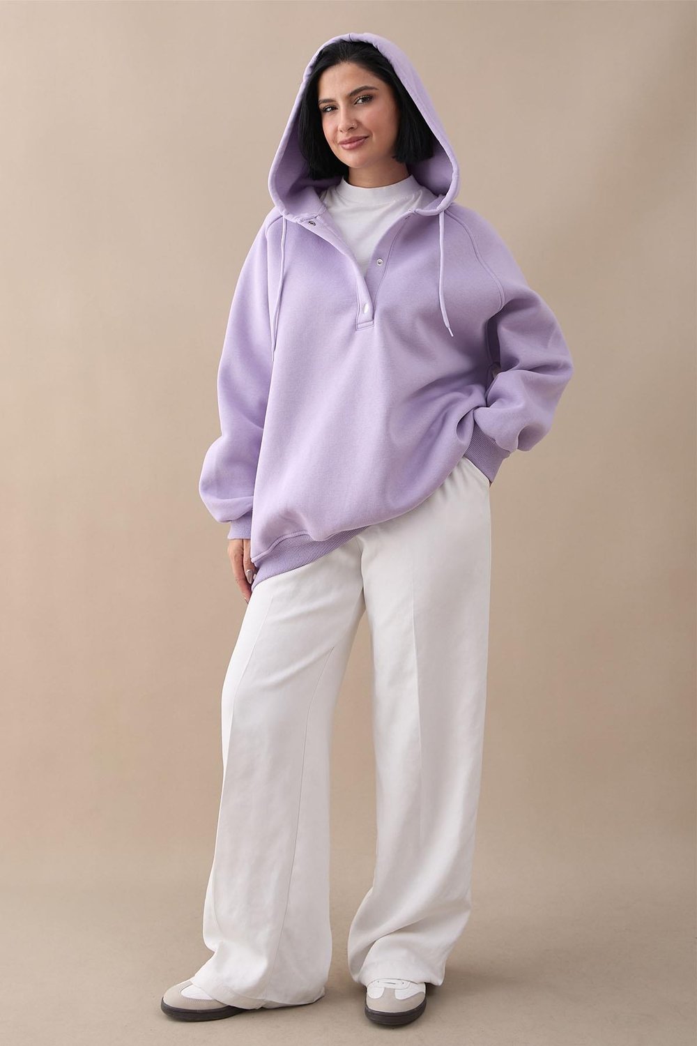 Çıtçıt Yaka Kapüşonlu Lila Sweat