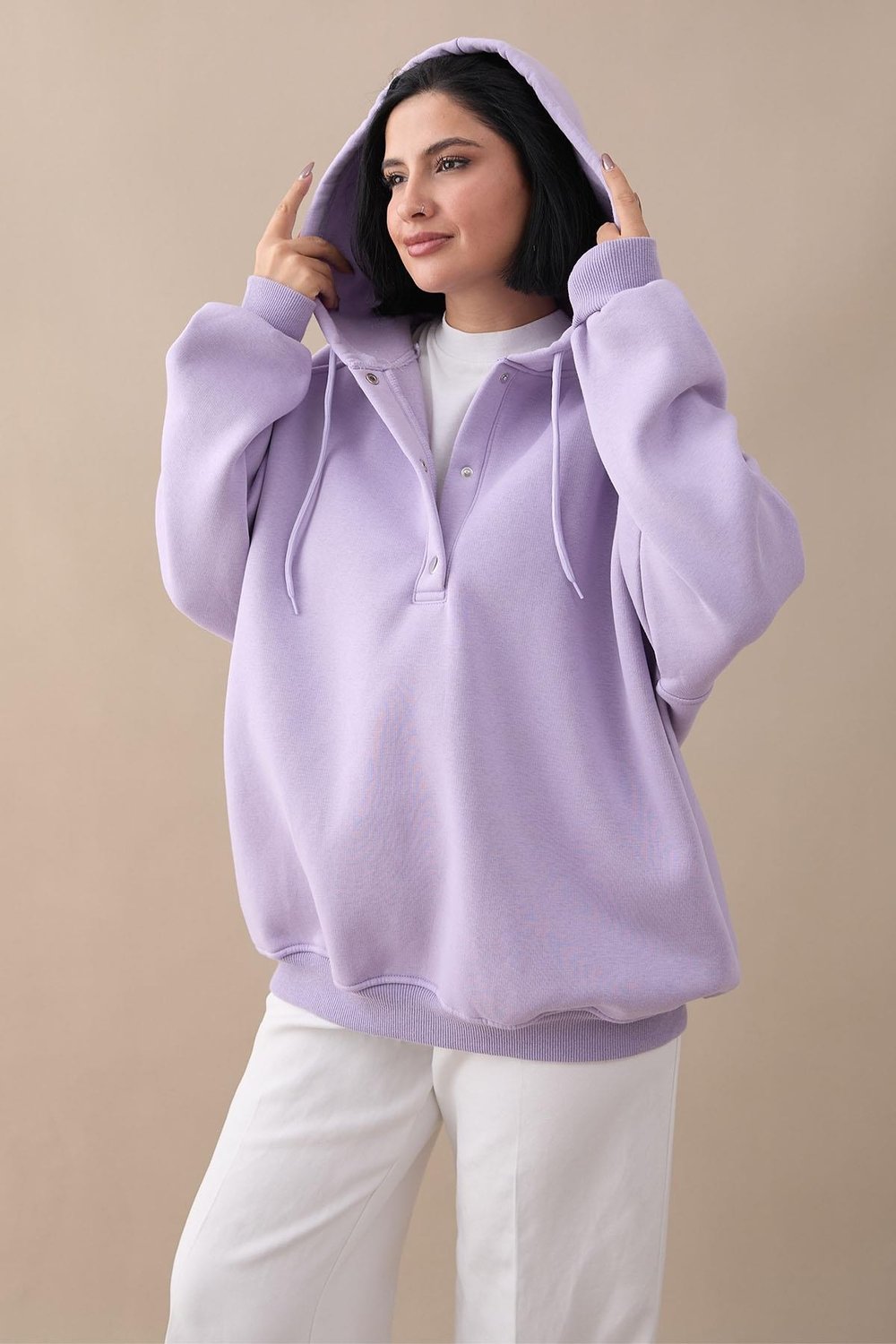 Çıtçıt Yaka Kapüşonlu Lila Sweat