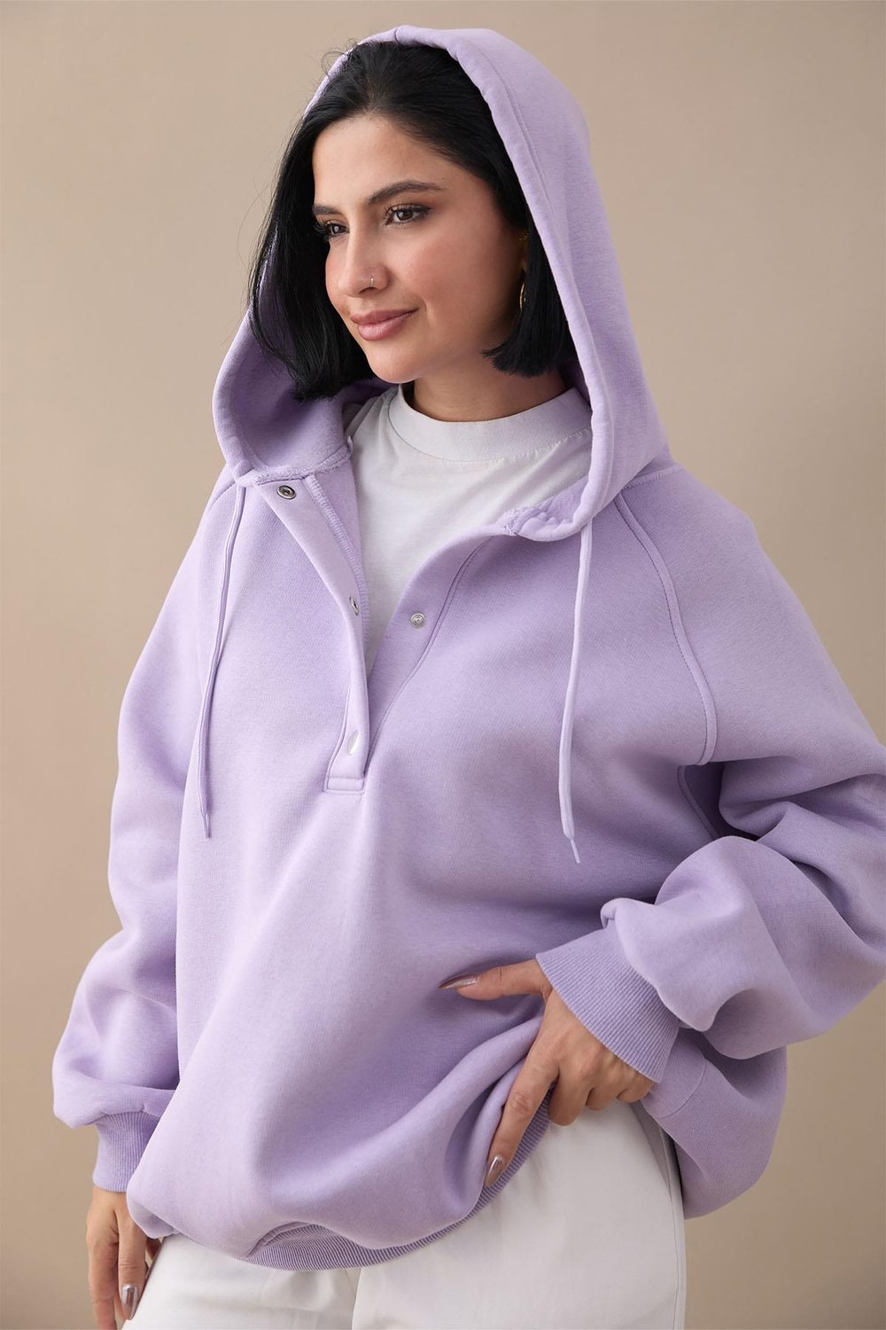 Çıtçıt Yaka Kapüşonlu Lila Sweat
