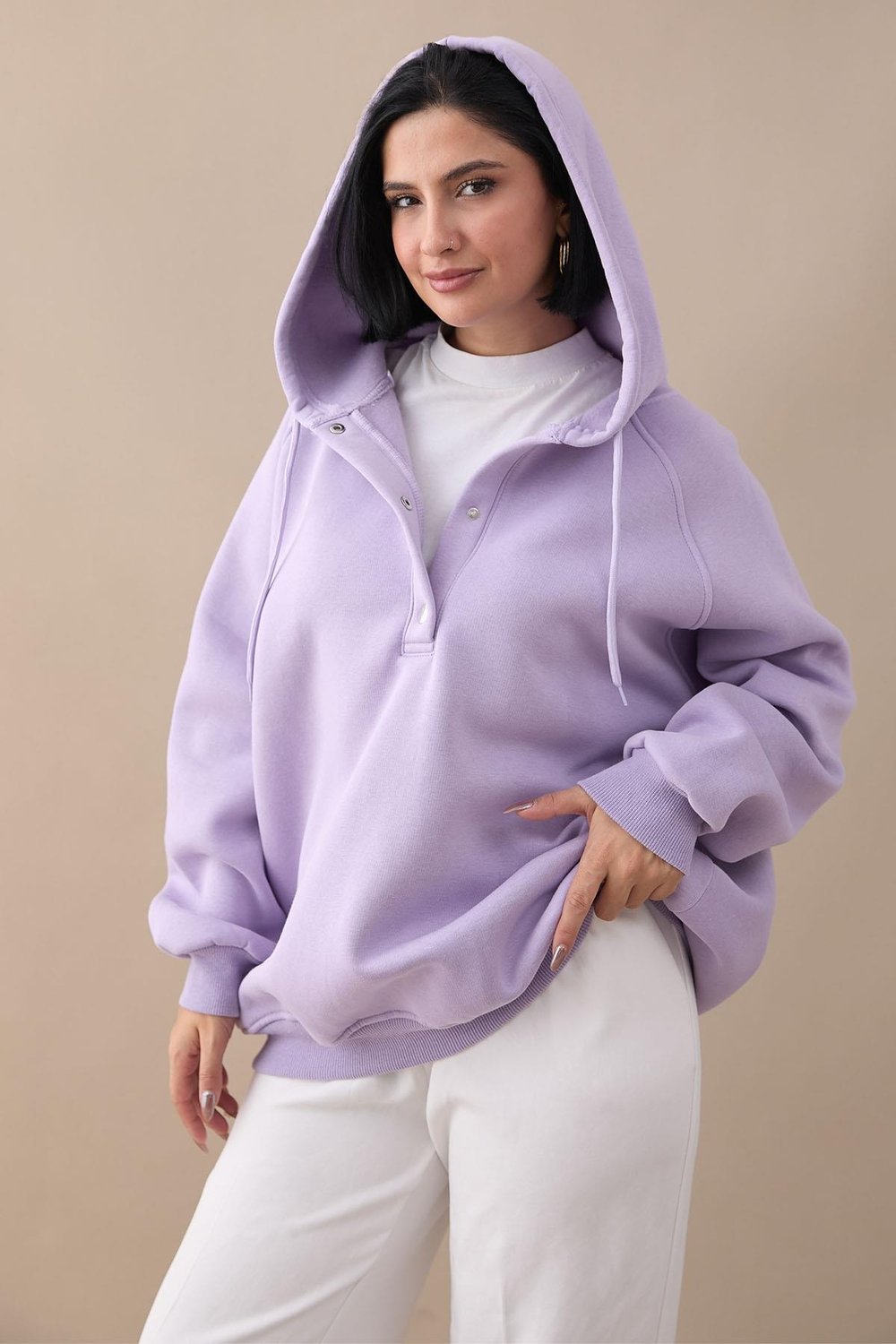 Çıtçıt Yaka Kapüşonlu Lila Sweat