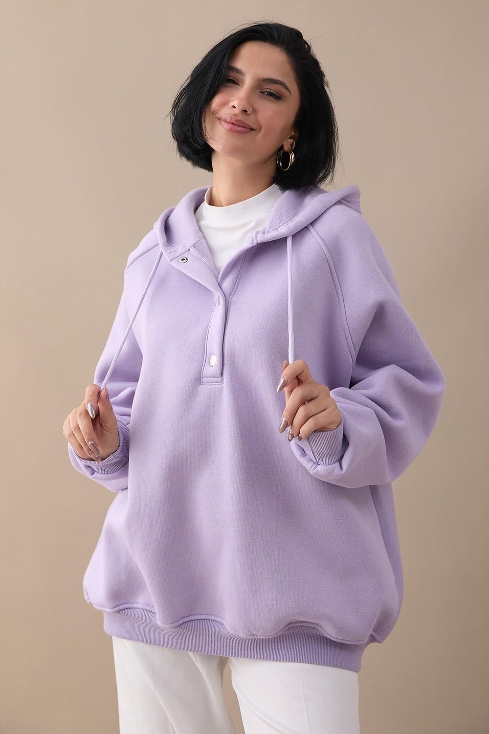 Çıtçıt Yaka Kapüşonlu Lila Sweat