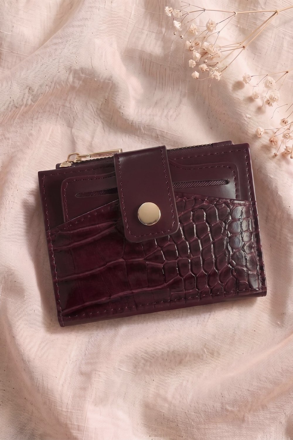 Çıtçıtlı Timsah Desen Bordo Cüzdan