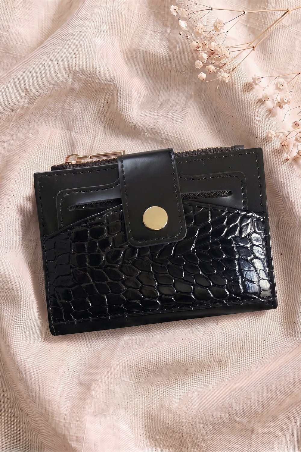 Çıtçıtlı Timsah Desen Siyah Cüzdan