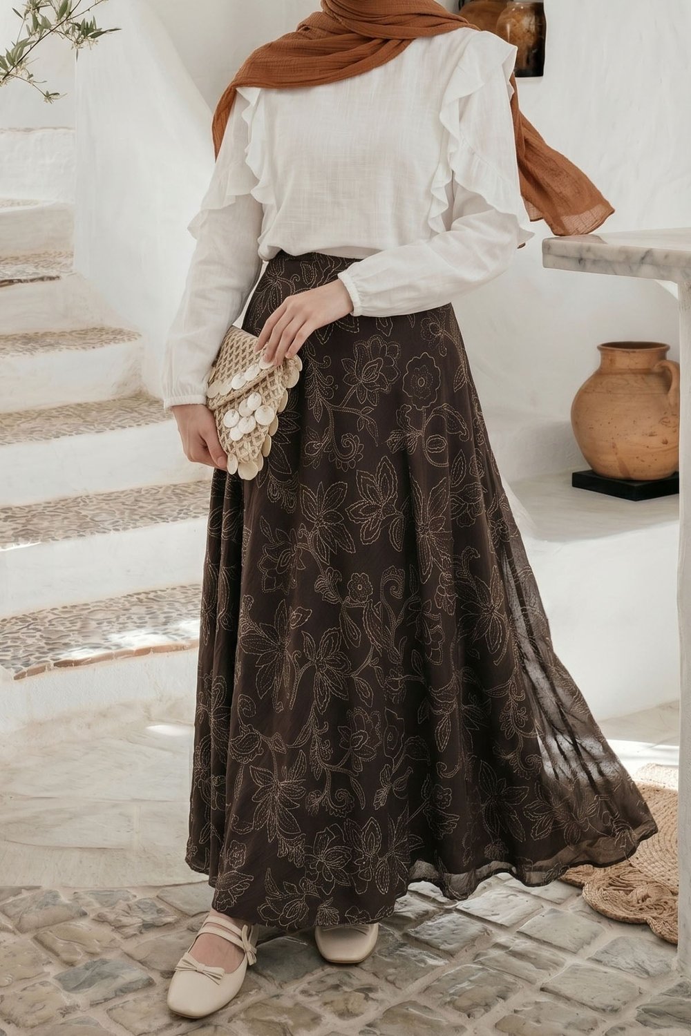Çizgi Çiçek Desen Etek Acı Kahve