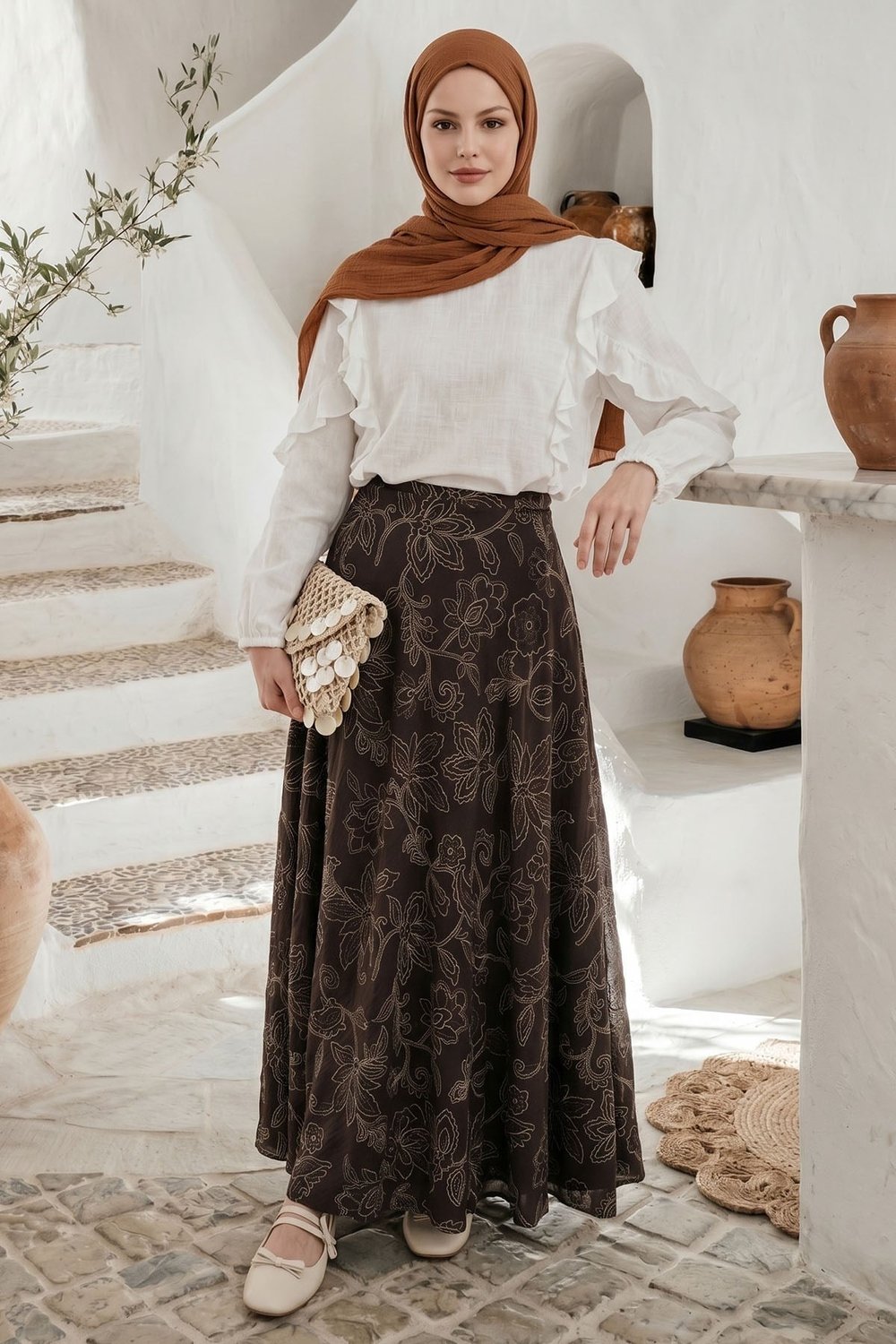 Çizgi Çiçek Desen Etek Acı Kahve