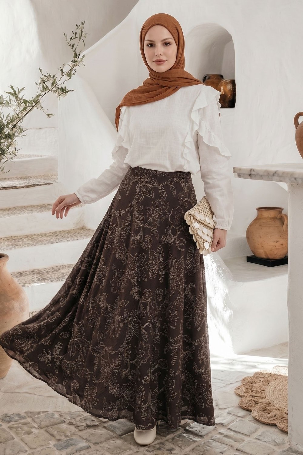 Çizgi Çiçek Desen Etek Acı Kahve