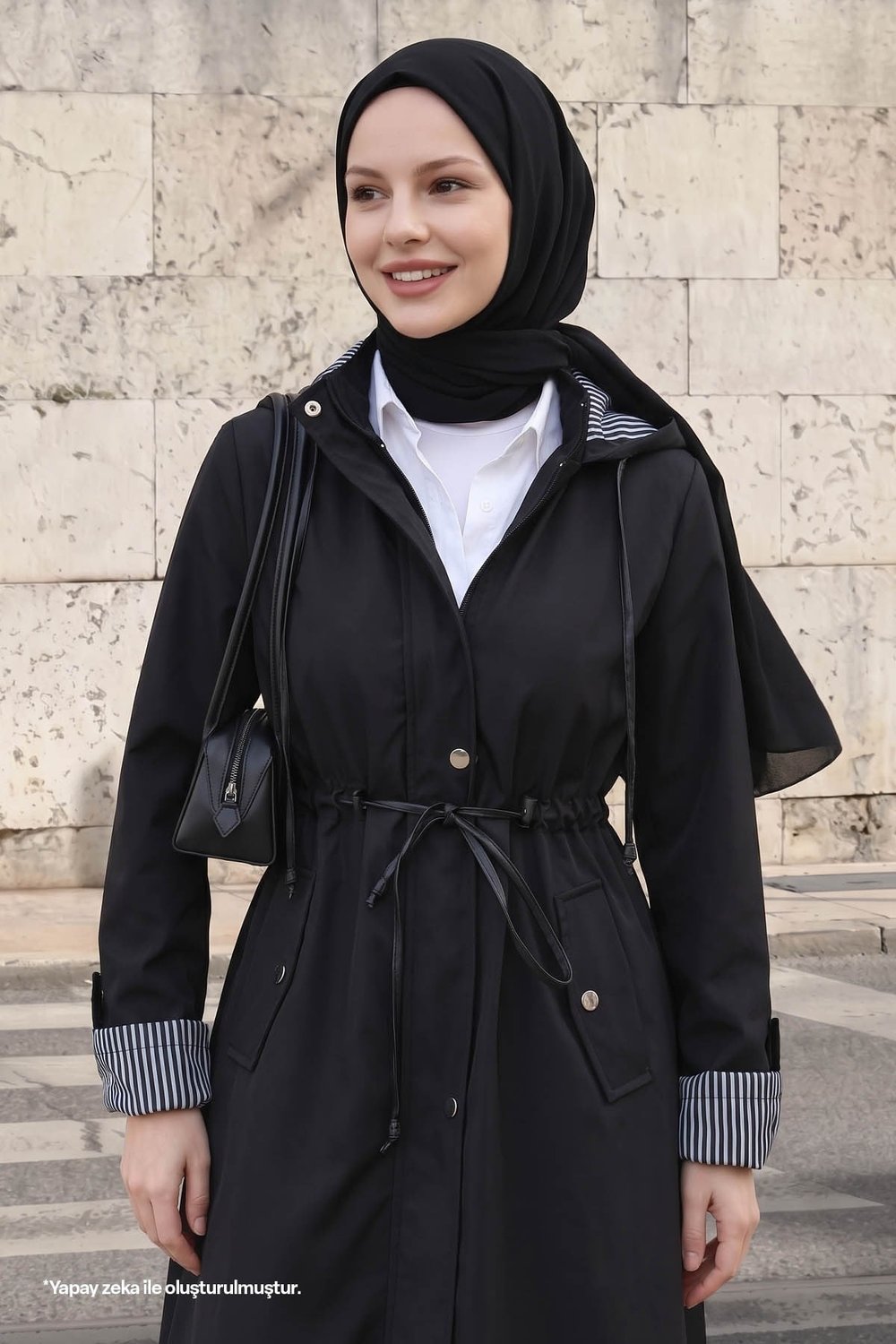Çizgi Desen Trençkot - Siyah
