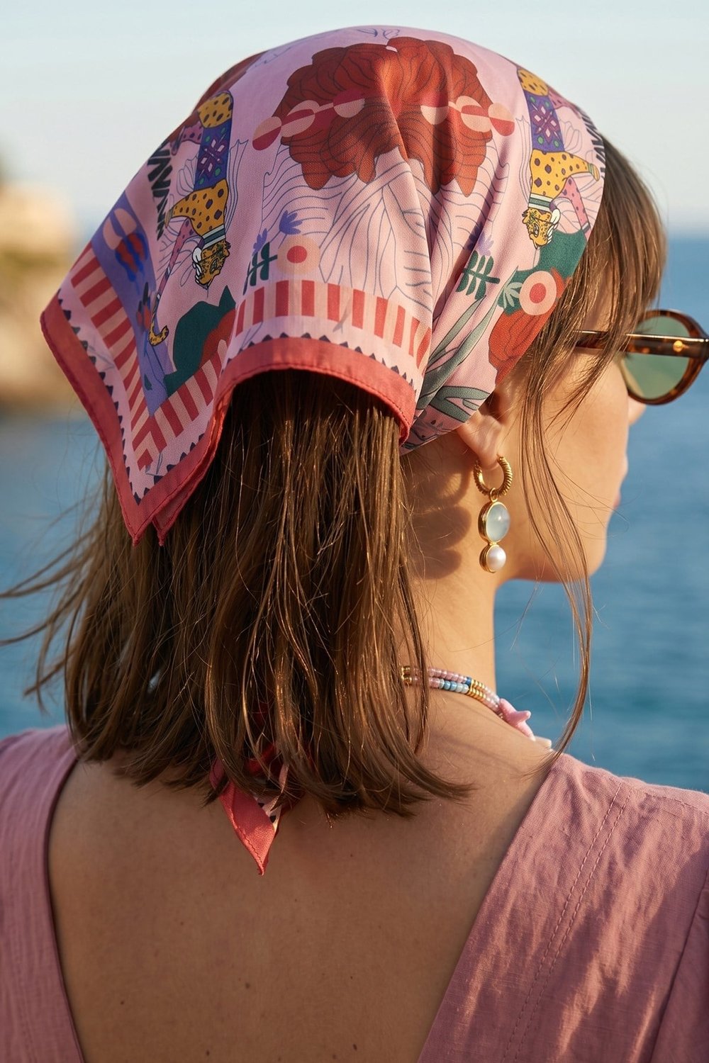 Çizgi Motif Desenli Koyu Pembe Bandana Fular 50x50