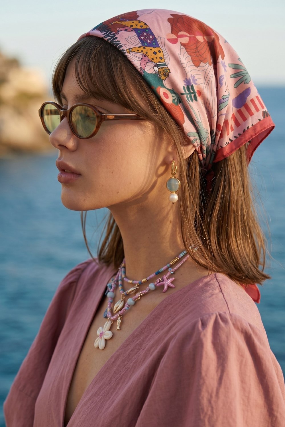 Çizgi Motif Desenli Koyu Pembe Bandana Fular 50x50