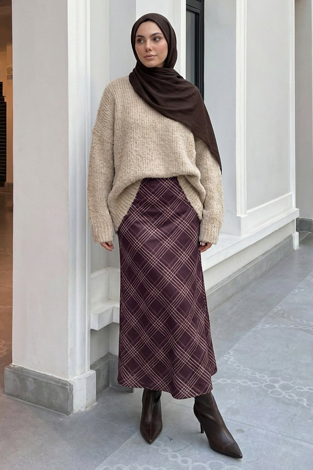 Çizgili Ekose Desen Bordo Saten Etek