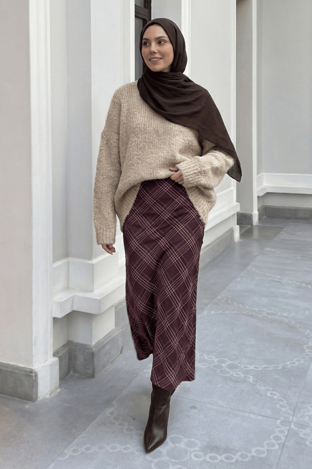 Çizgili Ekose Desen Bordo Saten Etek