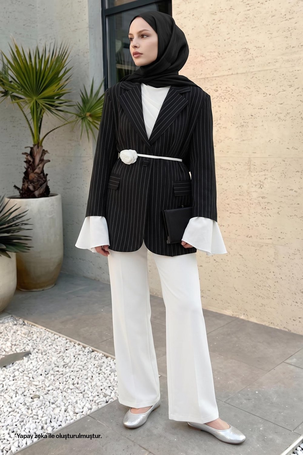 Çizgili Kolları Volanlı Siyah Blazer Ceket