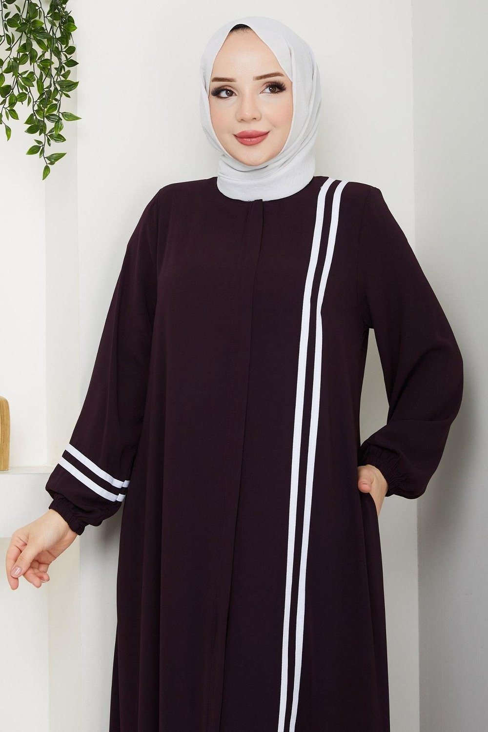 Çizgili Medine İpeği Mürdüm Ferace