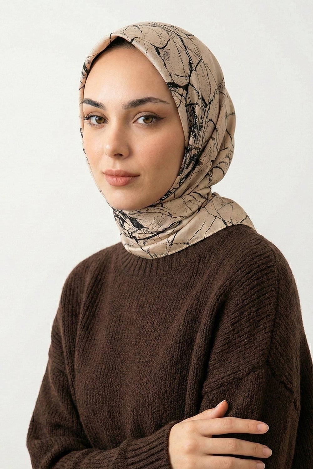 Mermer Desenli Bej Pamuk Eşarp