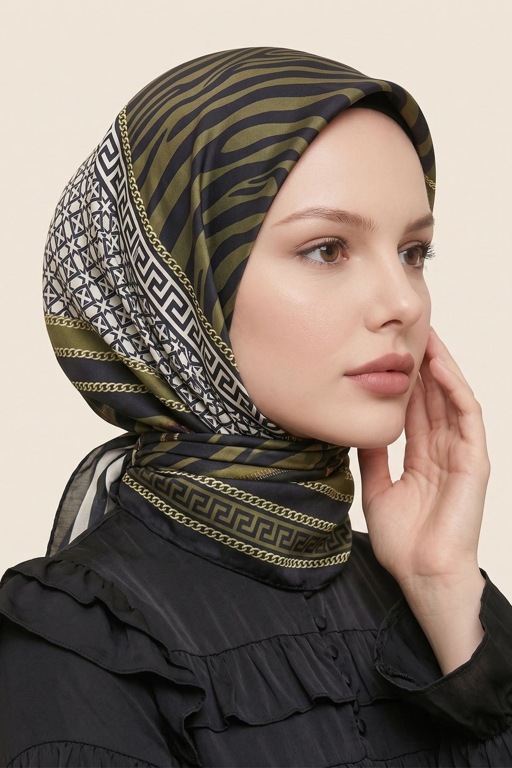 Çizgili Zebra Desen Haki Soft Pamuk Eşarp