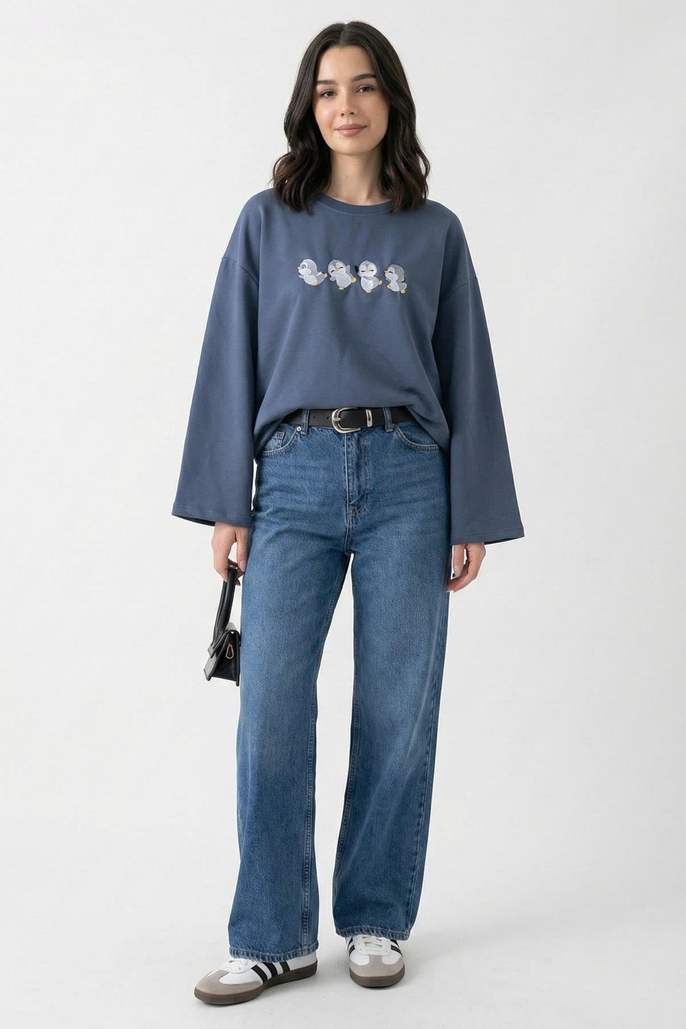 Çoklu Penguen Nakışlı Oversize Antrasit Sweat