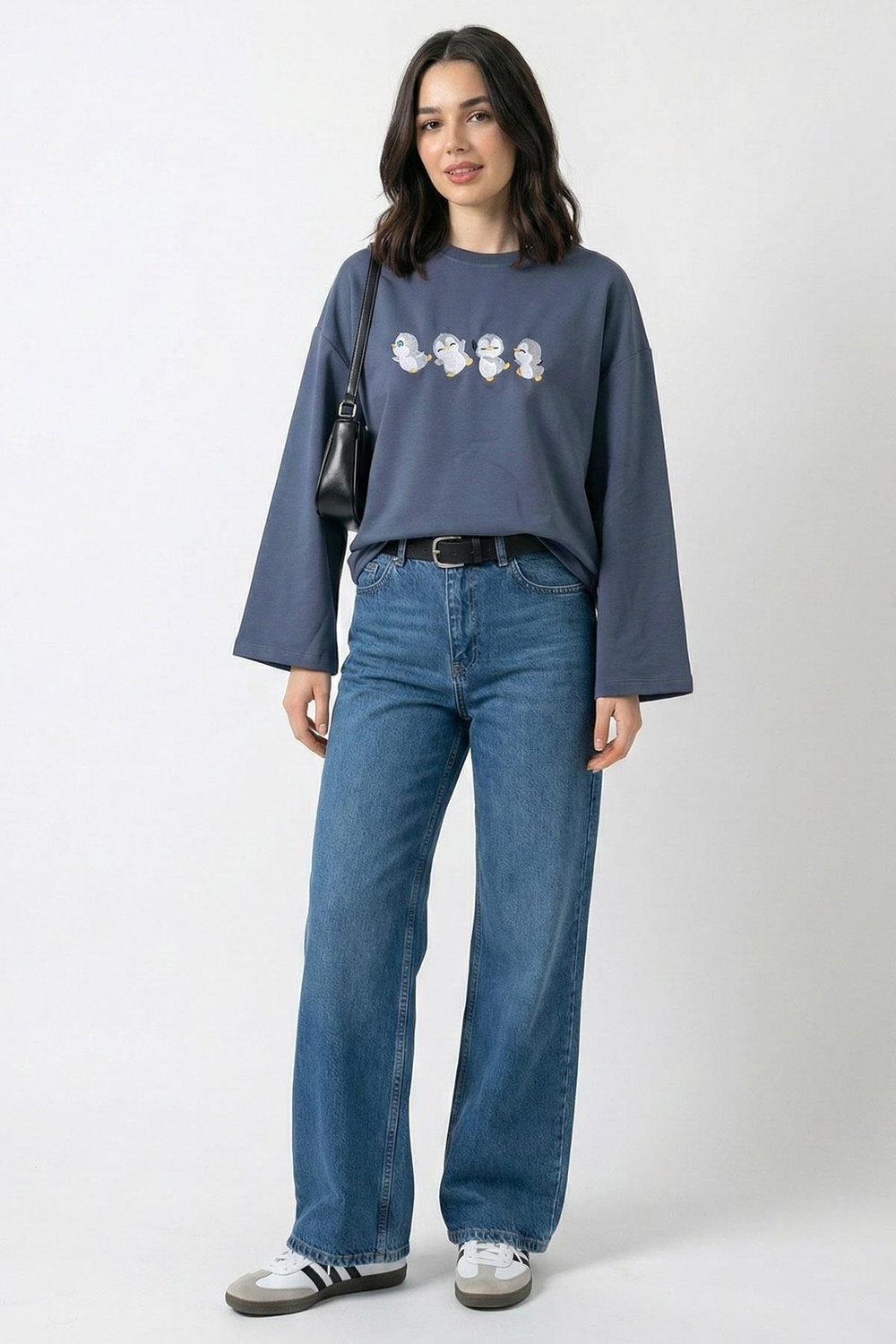 Çoklu Penguen Nakışlı Oversize Antrasit Sweat