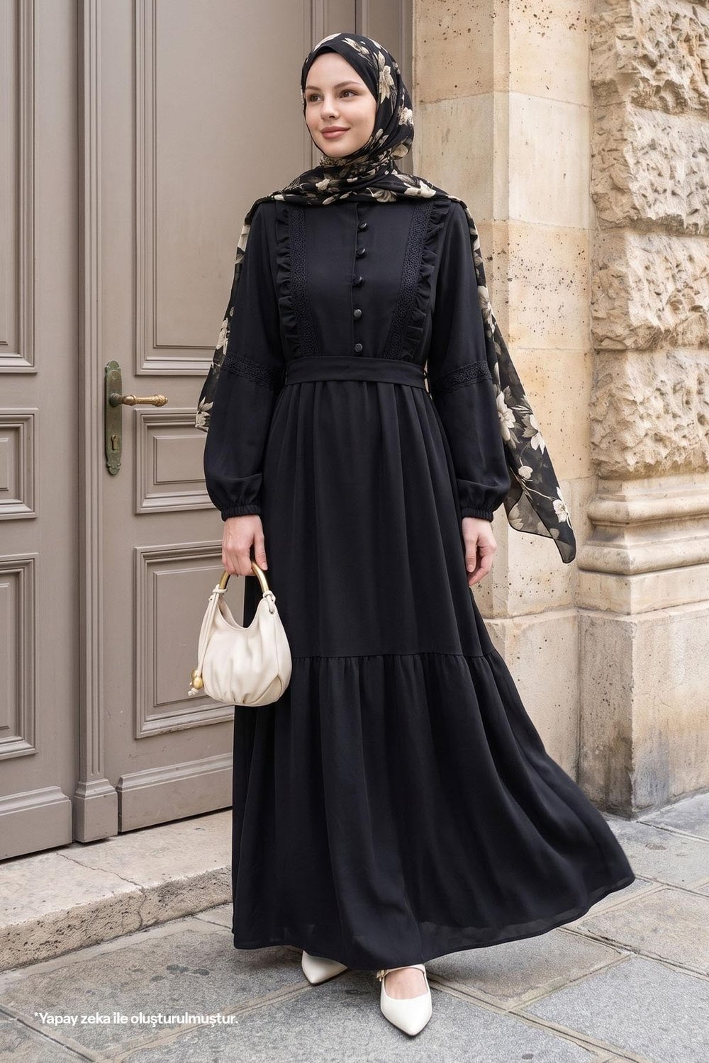 Dantel Detaylı Kuşaklı Siyah Elbise