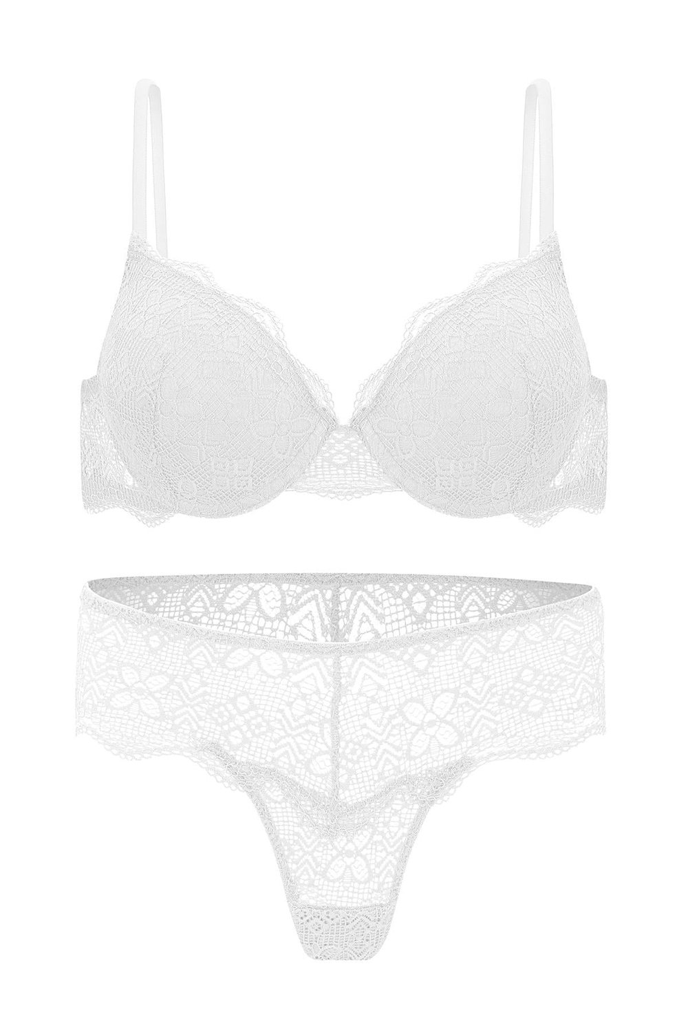 Dantelli Dekolte Dolgulu Push-Up Takım - Ekru - 2735
