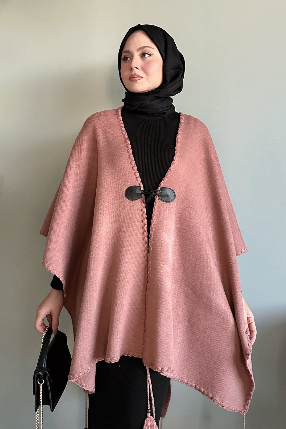 Deri Tokalı Çoban Dikiş Gül Kurusu Triko Panço