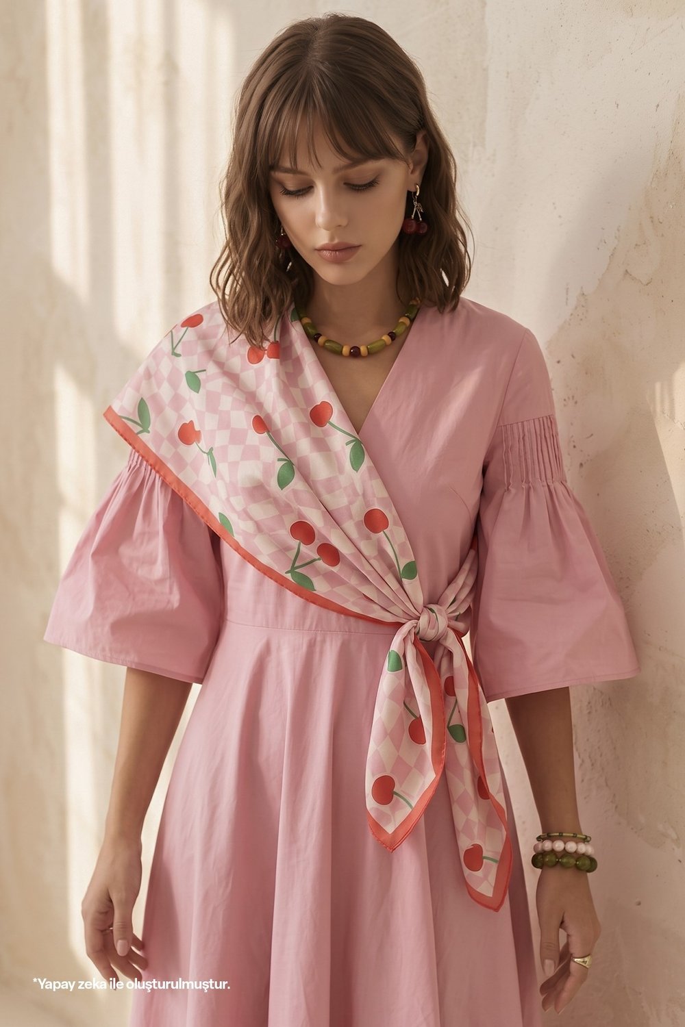 Desenli Pembe Soft Fular Eşarp 90x90