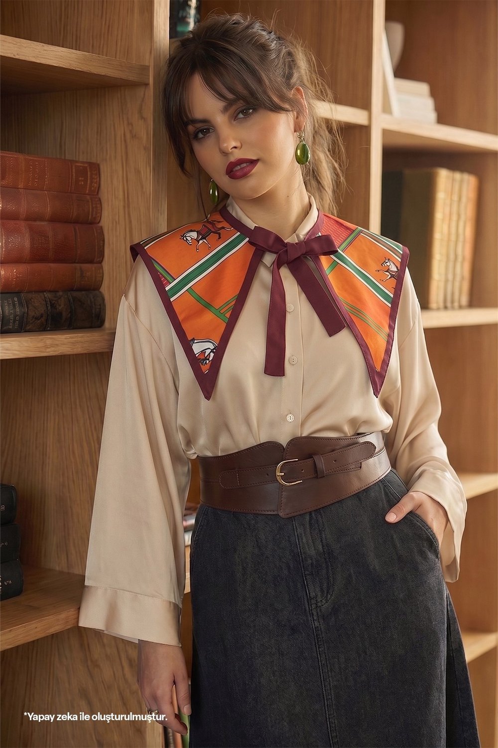Desenli Turuncu Saten Yakalık