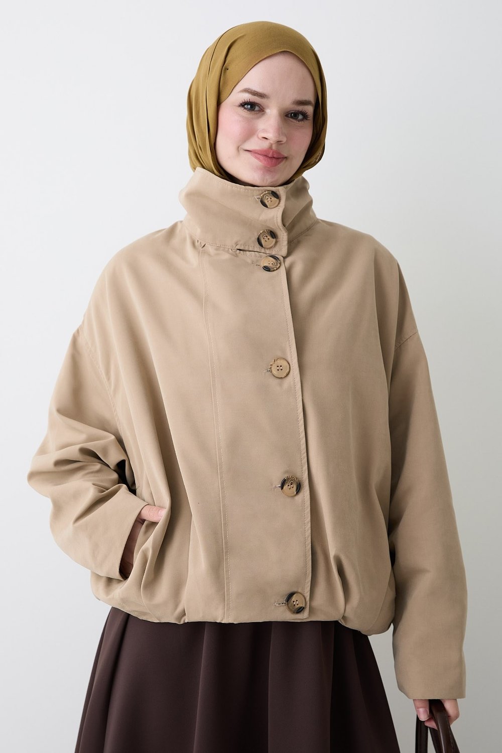 Dik Yaka Bej Bomber Ceket
