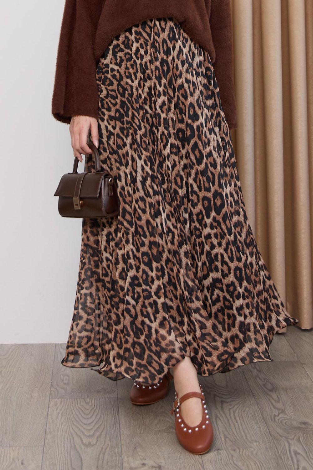 Dökümlü Kıvrımlı Leopar Desen Taba Şifon Etek