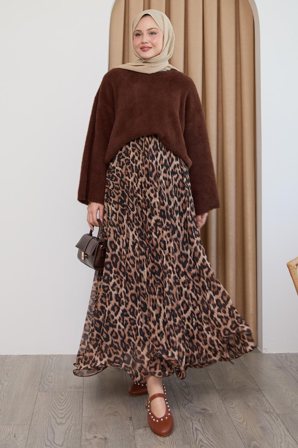 Dökümlü Kıvrımlı Leopar Desen Taba Şifon Etek