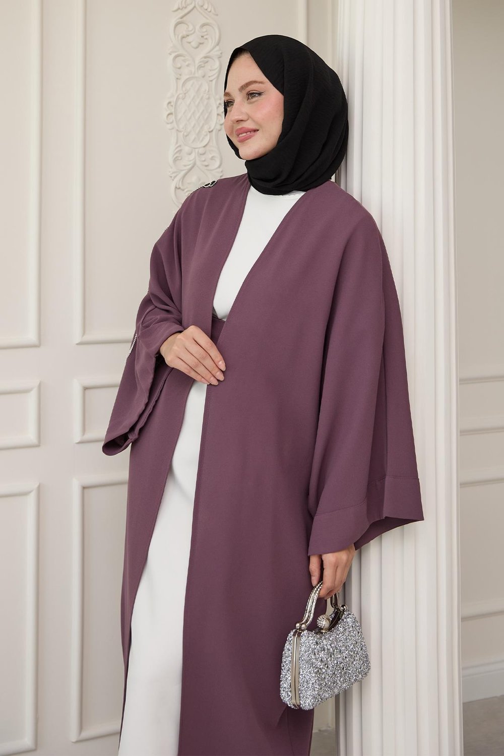 Dökümlü Taşlı Elbiseli Gül Kurusu Abaya