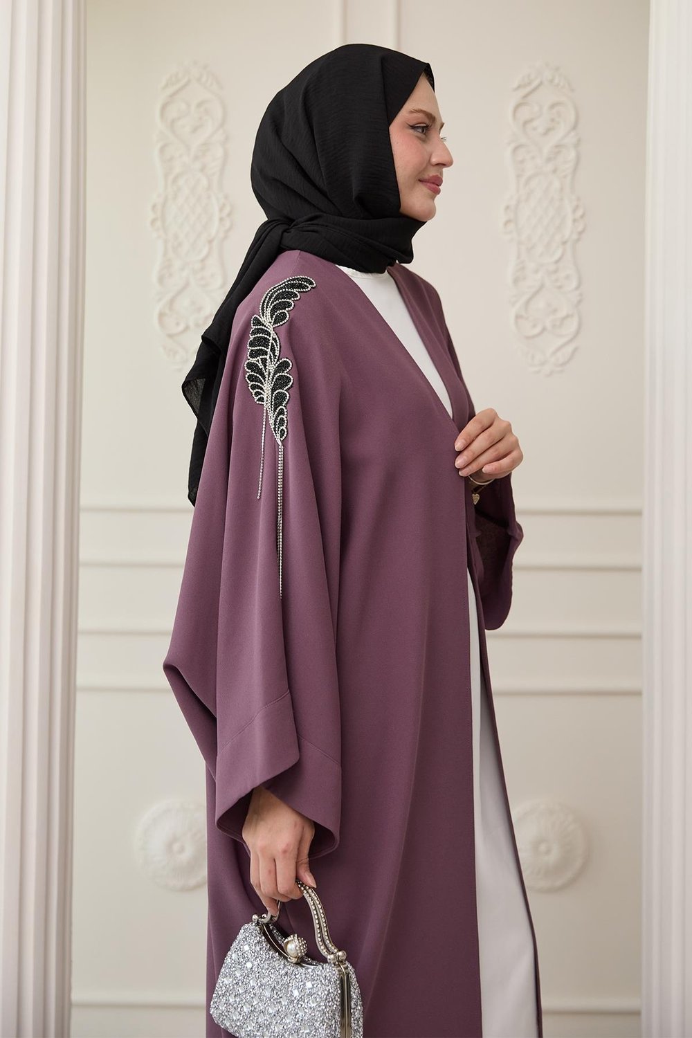 Dökümlü Taşlı Elbiseli Gül Kurusu Abaya