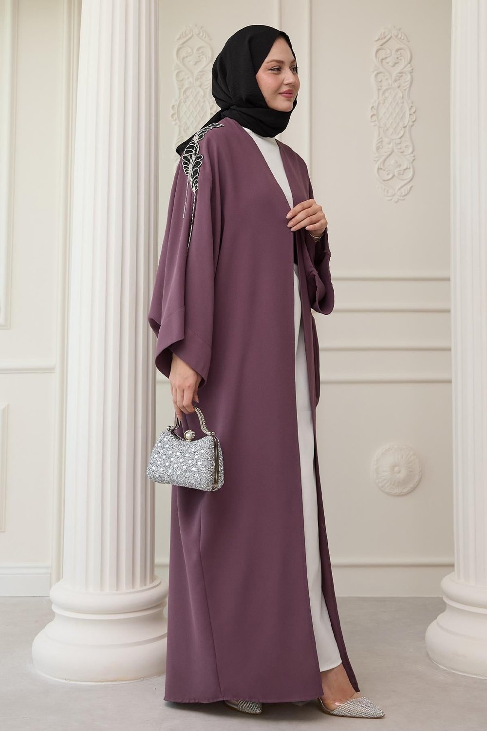 Dökümlü Taşlı Elbiseli Gül Kurusu Abaya