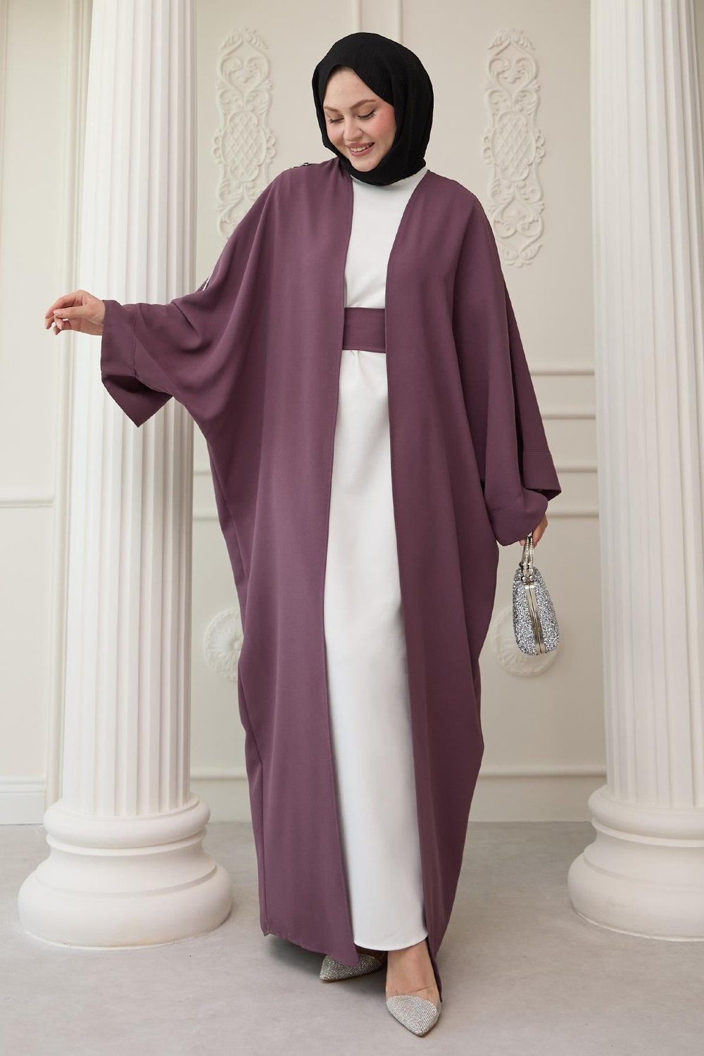 Dökümlü Taşlı Elbiseli Gül Kurusu Abaya
